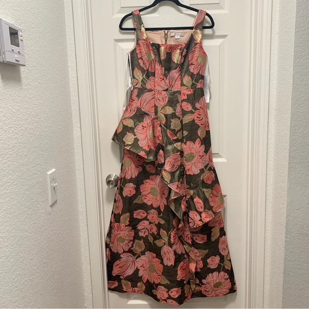 NWT KAY UNGER BELLE FLORAL PRINT RUFFLED SLEEVELESS A-LINE GOWN - Picture 4 of 11